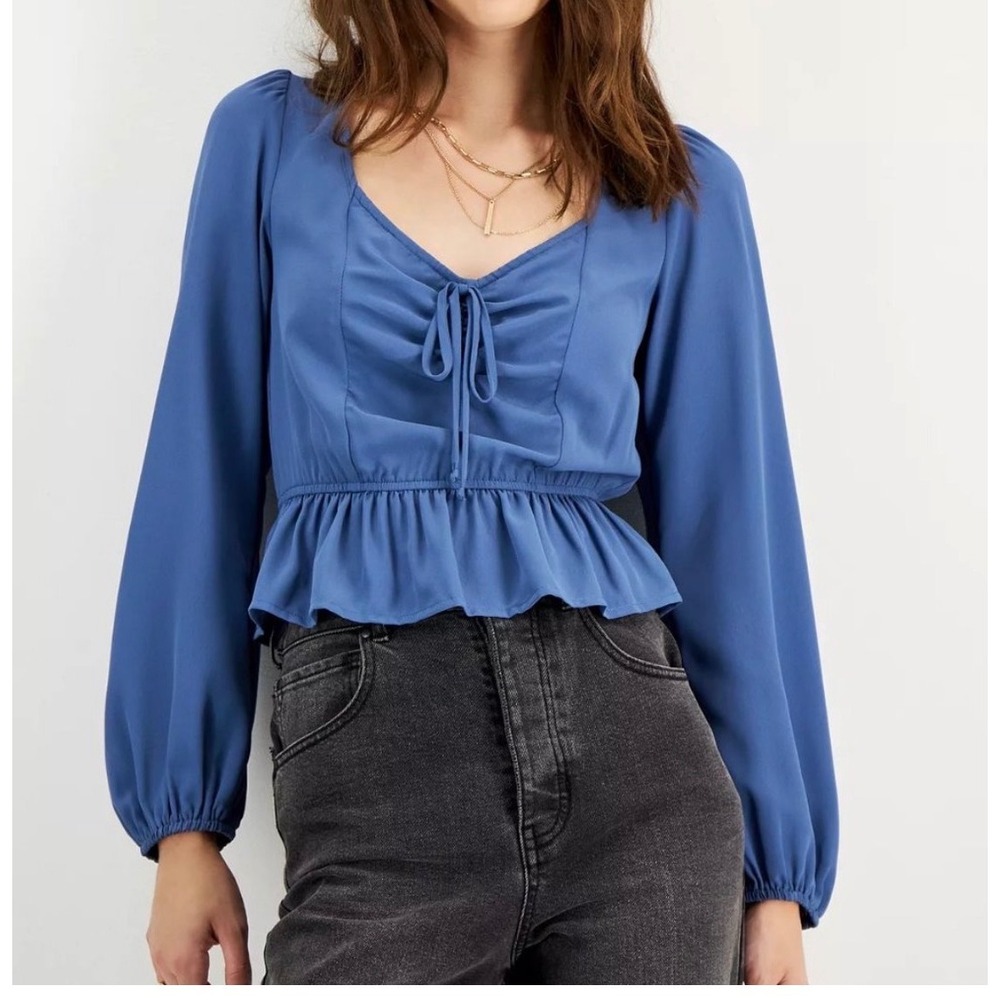 Kingston Grey Blue Smocked Tie Front Peplum Top Long Sleeve Cutout Back Small